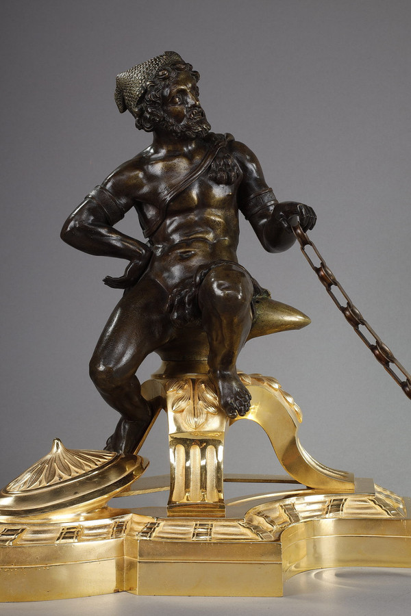 Paire de chenets en bronze, "Alexandre le Grand et Dogène", XIXe siècle