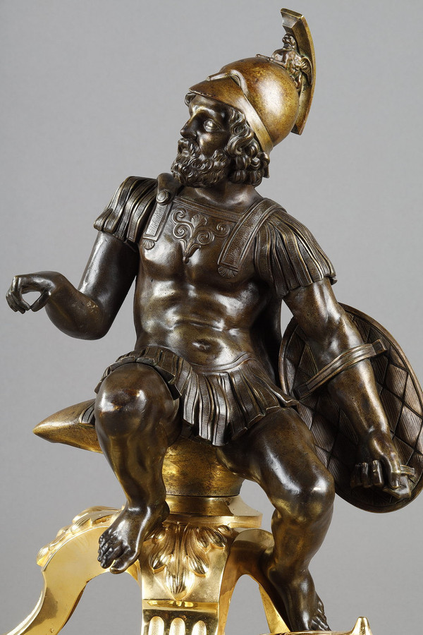 Paire de chenets en bronze, "Alexandre le Grand et Dogène", XIXe siècle