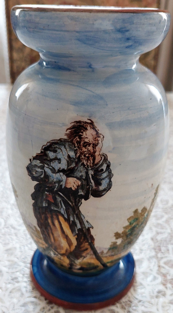 Gien earthenware vase decorated with beggars late 19th century