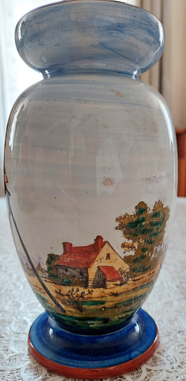 Gien earthenware vase decorated with beggars late 19th century