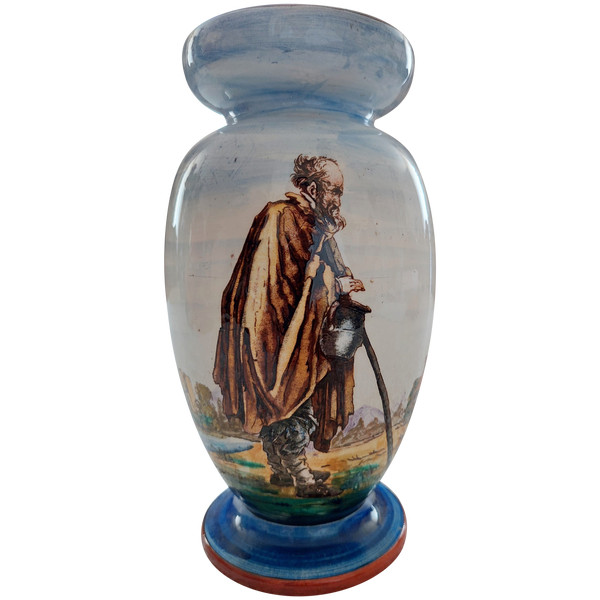 Gien earthenware vase decorated with beggars late 19th century