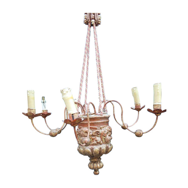 Lampadario Piccolo In Legno Dorato, Botte D Epoca XVII,