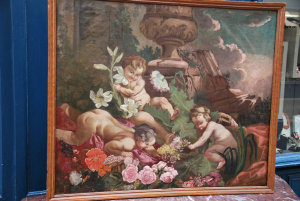 Oil on canvas: games of putti, XVIII