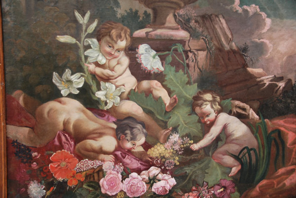 Oil on canvas: games of putti, XVIII