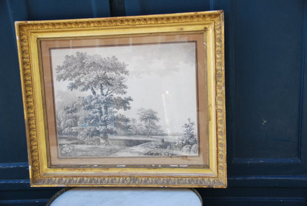 Large Drawing Landscape And Trees Signed By Wartel, 19th Century Empire Period