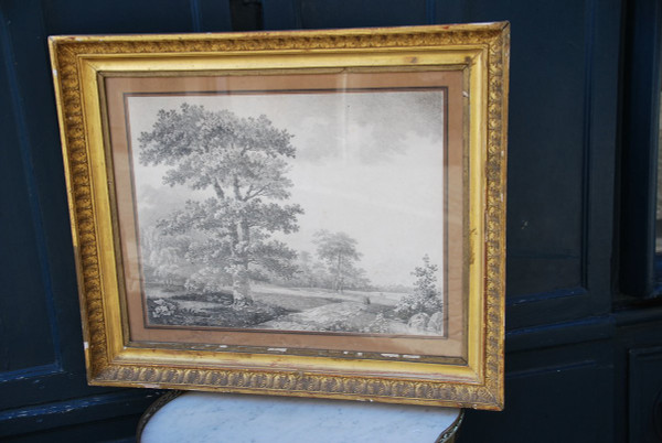 Large Drawing Landscape And Trees Signed By Wartel, 19th Century Empire Period