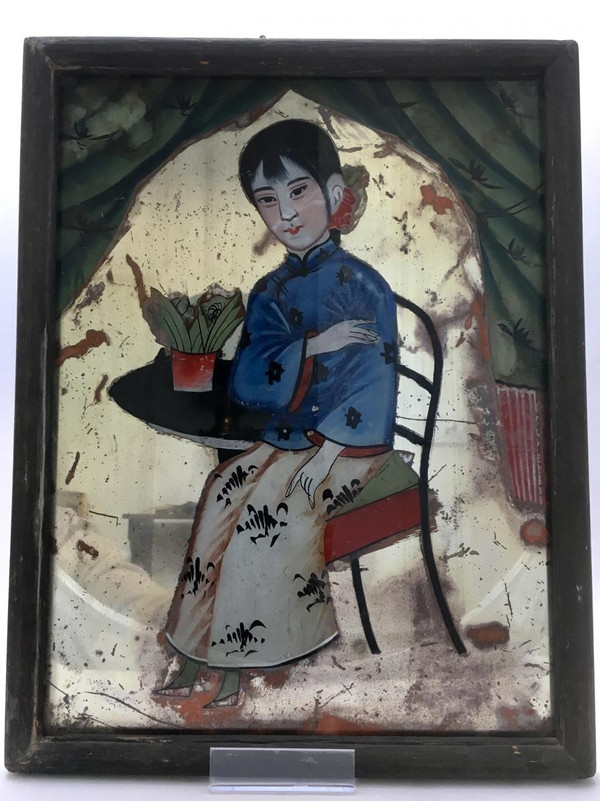 Chine, Dernier Tiers du XIXème Siècle, Peinture Sous Verre Figurant Une Enfant.