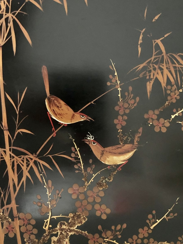 Vietnam, 1950s, Lacquer Panel Decorated with Birds and Vegetation Hoang Thanh.