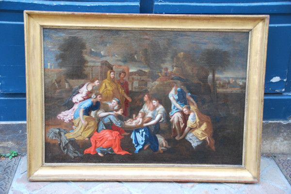 Huile Sur Toile MoÏse Sauvé Des Eaux , Atelier De Poussin , école XVIIe