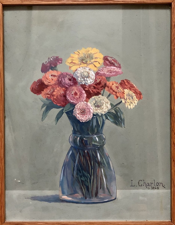 Léon-Paul CHARLON, Gouache Blumenstrauß 1938.