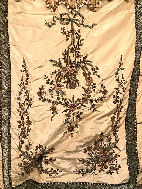 Bedspread converted into a silk portière with rich cannetille embroidery, 19th century