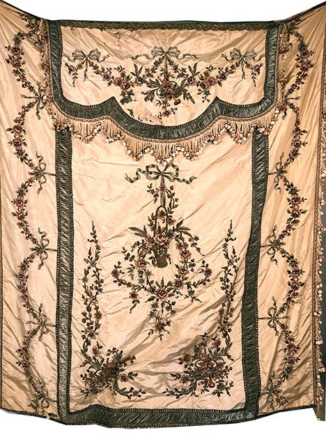 Bedspread converted into a silk portière with rich cannetille embroidery, 19th century