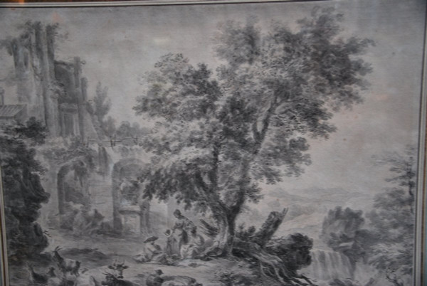 Large Drawing Scene Of Ruins And Characters, Late 18th Century