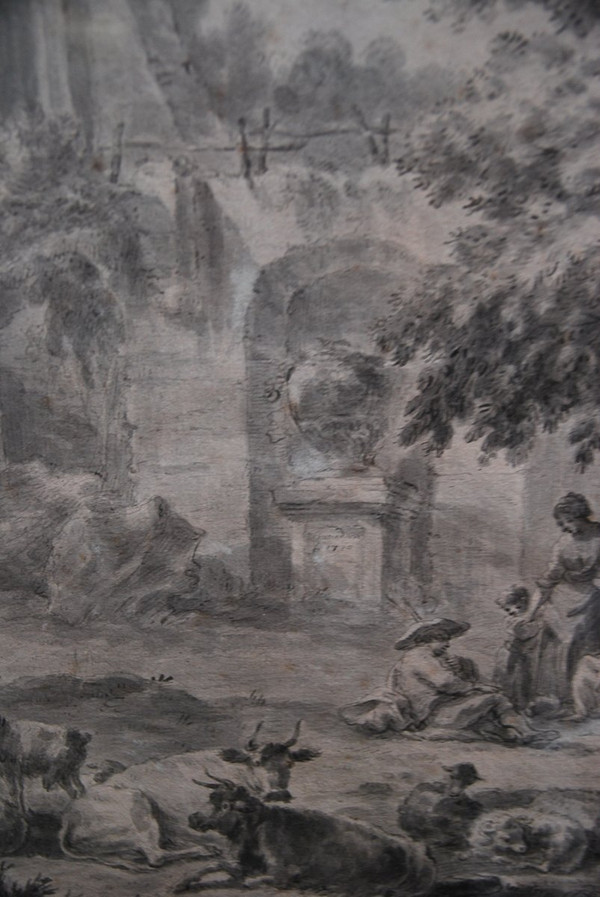 Large Drawing Scene Of Ruins And Characters, Late 18th Century