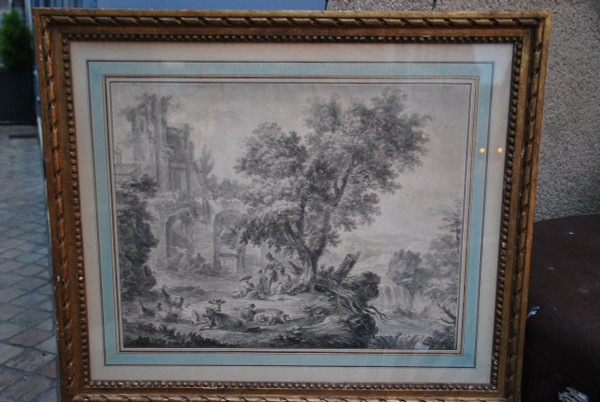 Large Drawing Scene Of Ruins And Characters, Late 18th Century