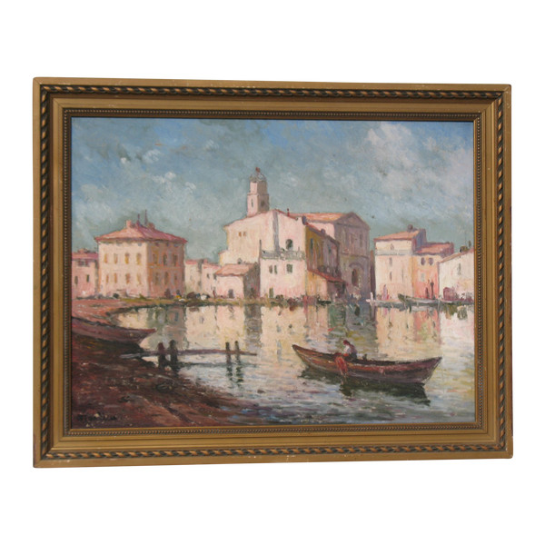 Martigues Quai Brescon Oil on Canvas Signed Mardieu 20th century View of Provence