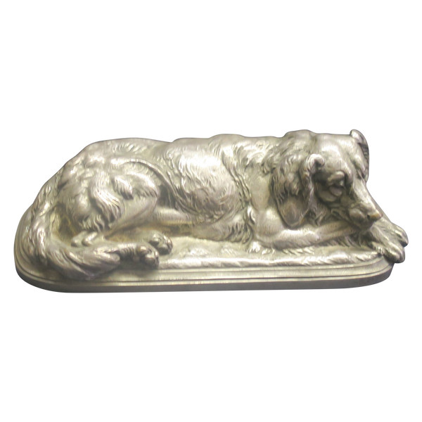 Dog in silver-plated bronze, signed Hingre