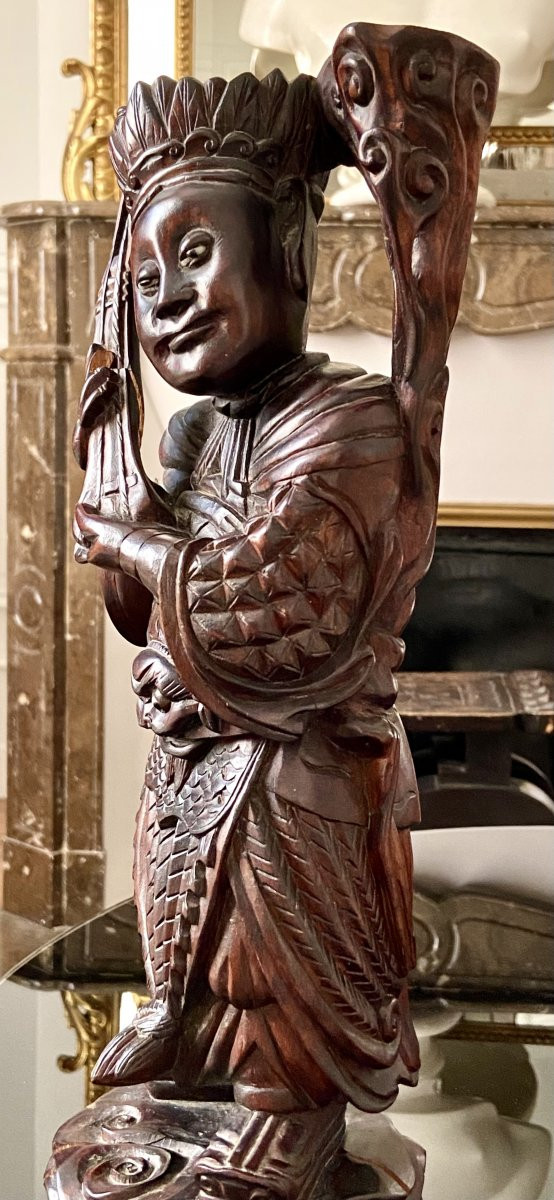 Vietnam, Vers 1900, Statue De Personnage De Haut Rang En Bois Sculpté.