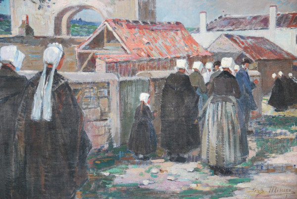 L'Ile De Ré , Procession à Saint Martin , Oil Signed Suzanne Minier