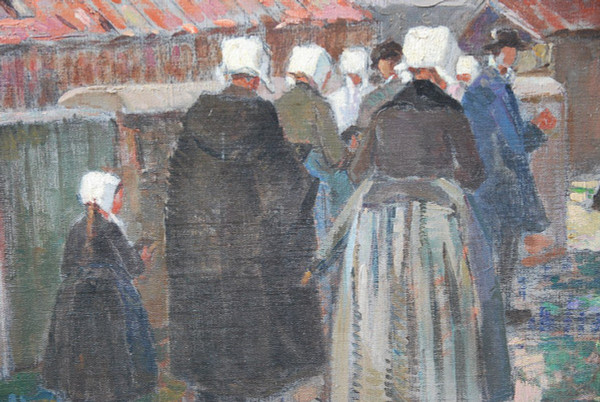 L'Ile De Ré , Procession à Saint Martin , Oil Signed Suzanne Minier