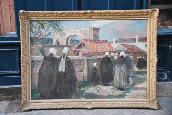 L'Ile De Ré , Procession à Saint Martin , Oil Signed Suzanne Minier