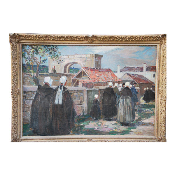 L'Ile De Ré , Procession à Saint Martin , Oil Signed Suzanne Minier