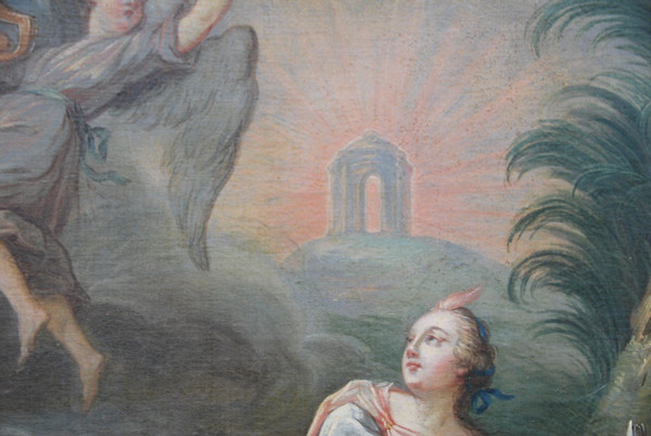 Grande olio su tela XVIII Allegoria di Lamusique Van Loo