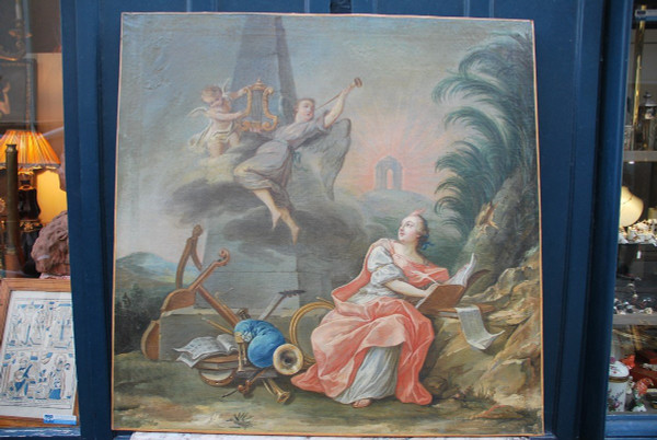 Grande olio su tela XVIII Allegoria di Lamusique Van Loo