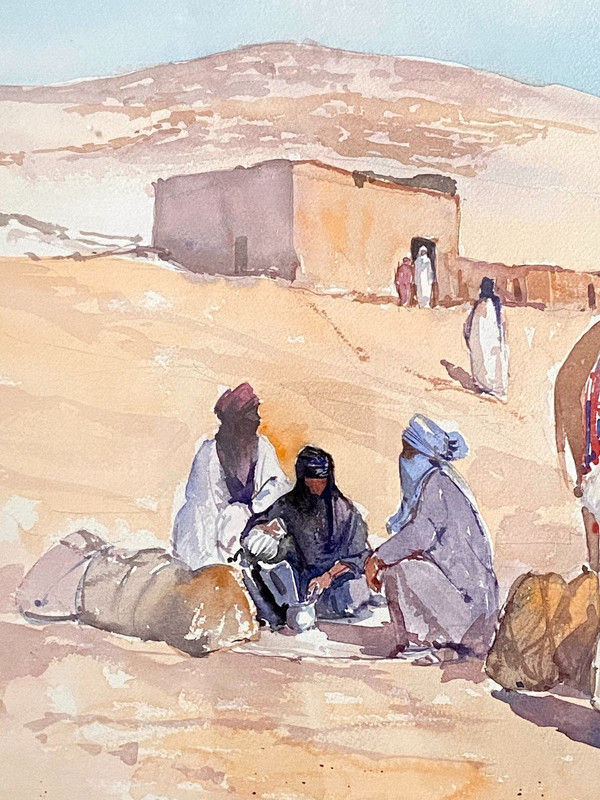 Michel Burbeau, Orientalisches Aquarell Belebte Szene In Einem Dorf Im Atlasgebirge.