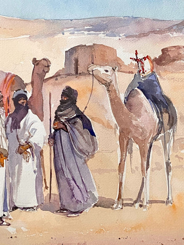 Michel Burbeau, Orientalisches Aquarell Belebte Szene In Einem Dorf Im Atlasgebirge.