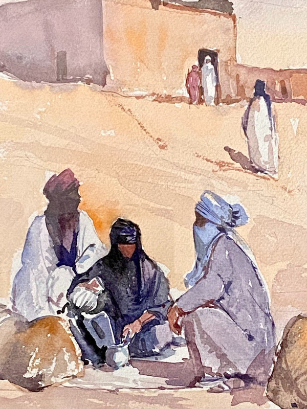 Michel Burbeau, Orientalisches Aquarell Belebte Szene In Einem Dorf Im Atlasgebirge.