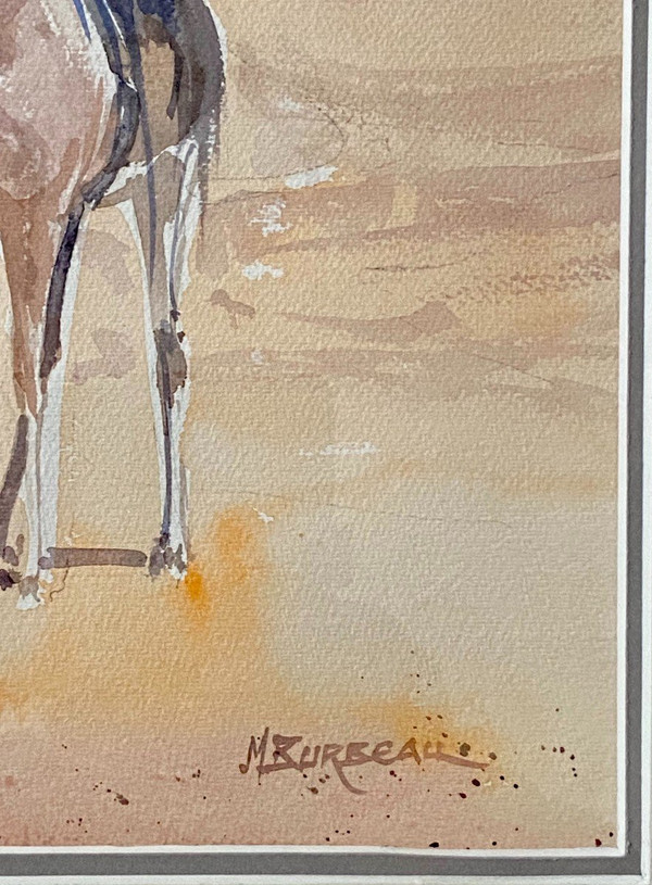 Michel Burbeau, Orientalisches Aquarell Belebte Szene In Einem Dorf Im Atlasgebirge.