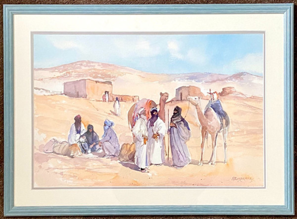 Michel Burbeau, Orientalisches Aquarell Belebte Szene In Einem Dorf Im Atlasgebirge.