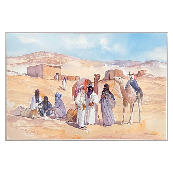 Michel Burbeau, Orientalisches Aquarell Belebte Szene In Einem Dorf Im Atlasgebirge.