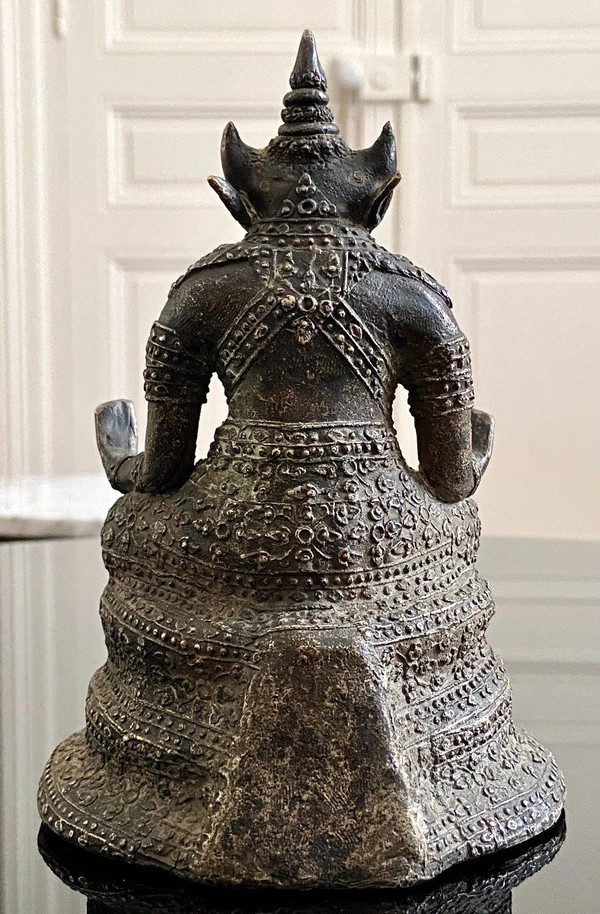 Thaïlande, Premier Tiers XXème Siècle, Statuette Bronze Argenté Divinité Tête Taureau.