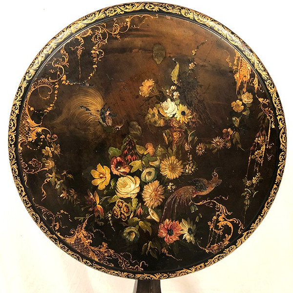 Tilting pedestal table in blackened wood with painted decoration of flowers and birds, Napoleon III period