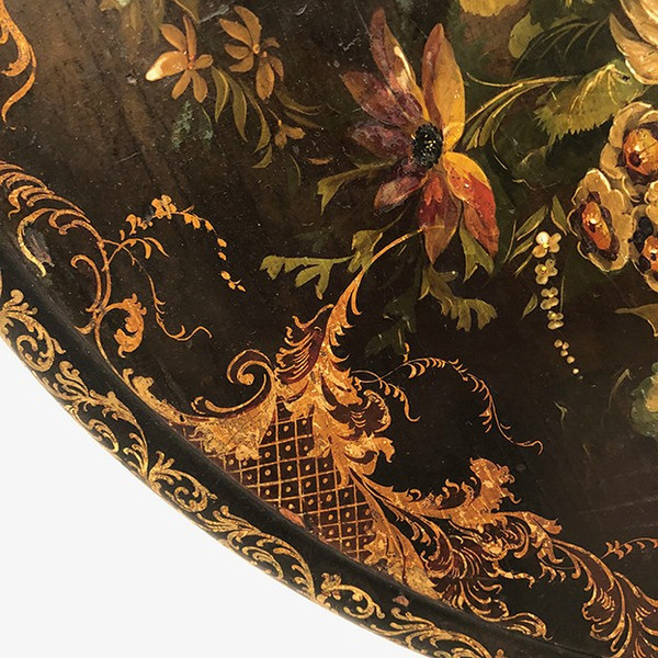 Tilting pedestal table in blackened wood with painted decoration of flowers and birds, Napoleon III period