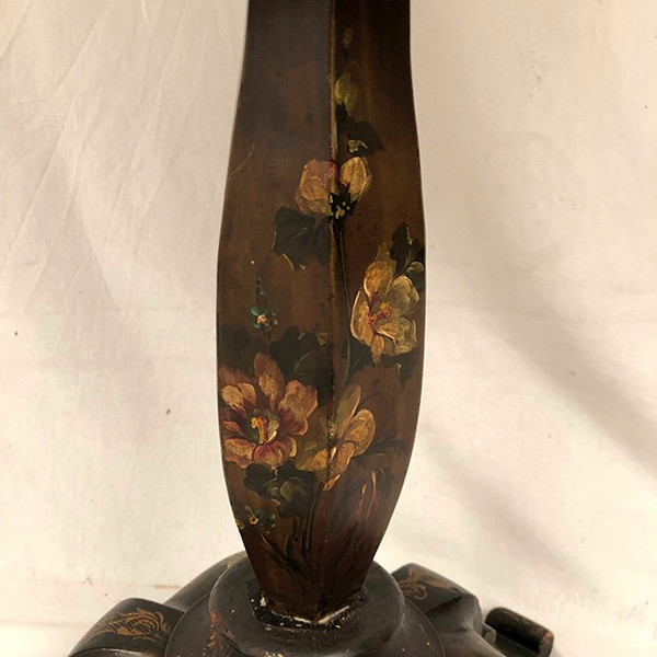 Tilting pedestal table in blackened wood with painted decoration of flowers and birds, Napoleon III period