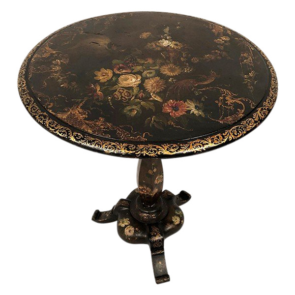 Tilting pedestal table in blackened wood with painted decoration of flowers and birds, Napoleon III period