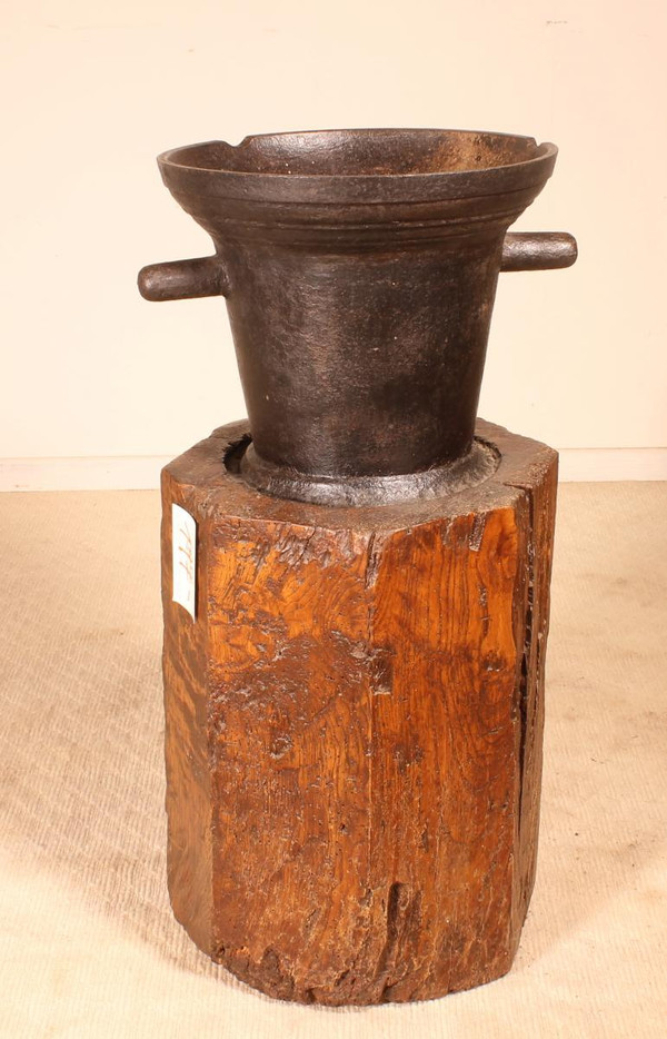 Cast Iron Mortar Circa 1600 With Its Original Block