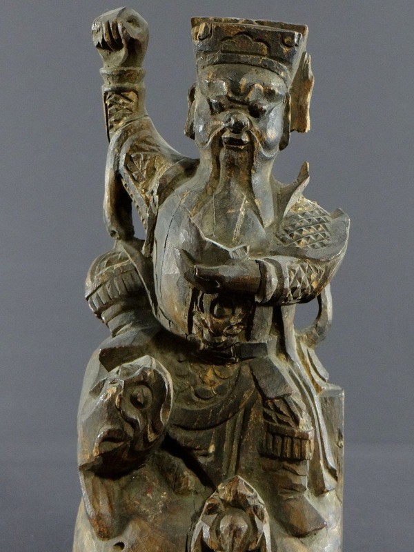 China, XIXth Century Or Earlier, Chao Kung Ming Carved Wood Statue, God Of Wealth.