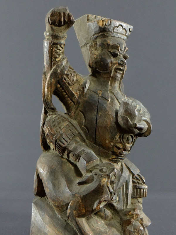 China, XIXth Century Or Earlier, Chao Kung Ming Carved Wood Statue, God Of Wealth.