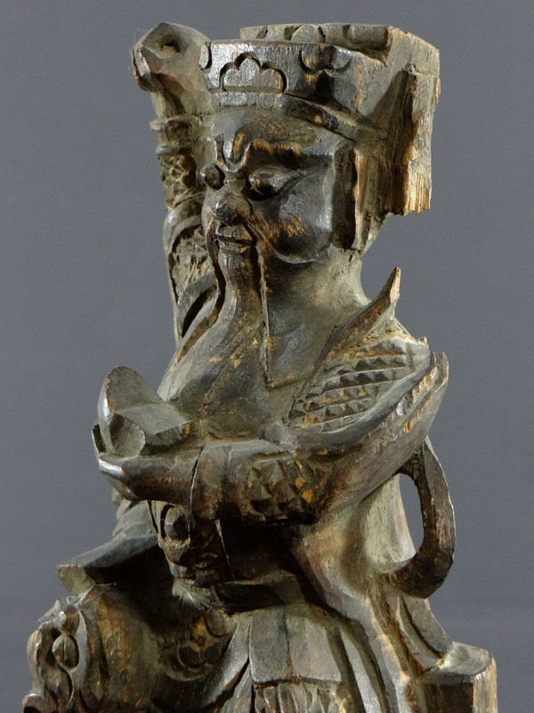 China, XIXth Century Or Earlier, Chao Kung Ming Carved Wood Statue, God Of Wealth.