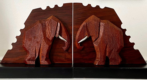 Francia, Anni '30/'50, Coppia Di Fermalibri Elefante In Legno E Metallo.