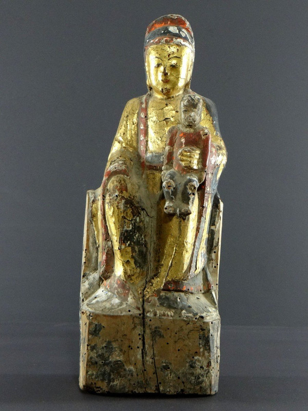 China, späte Ming-Zeit, beginnende Qing-Zeit, 17. Jahrhundert, Kouan-Yin-Statue aus lackiertem und vergoldetem Holz.