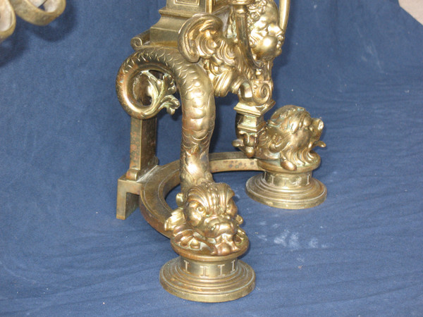 Pair of large andirons andirons in gilded bronze in the Louis XIV style, 19th century