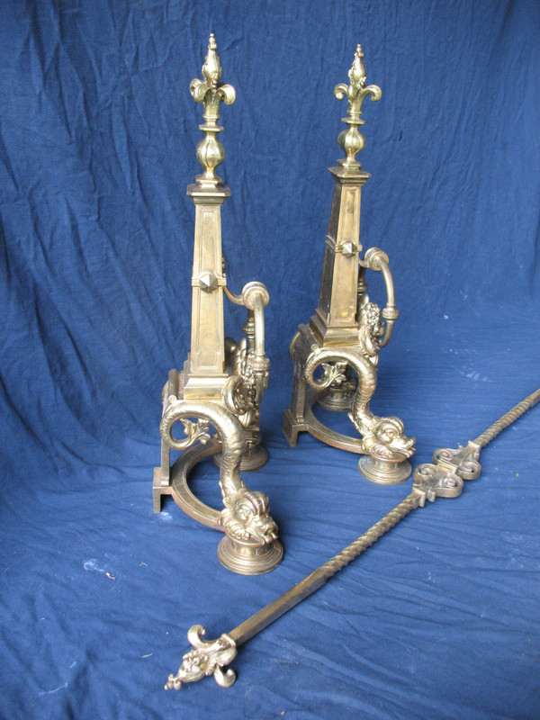 Pair of large andirons andirons in gilded bronze in the Louis XIV style, 19th century