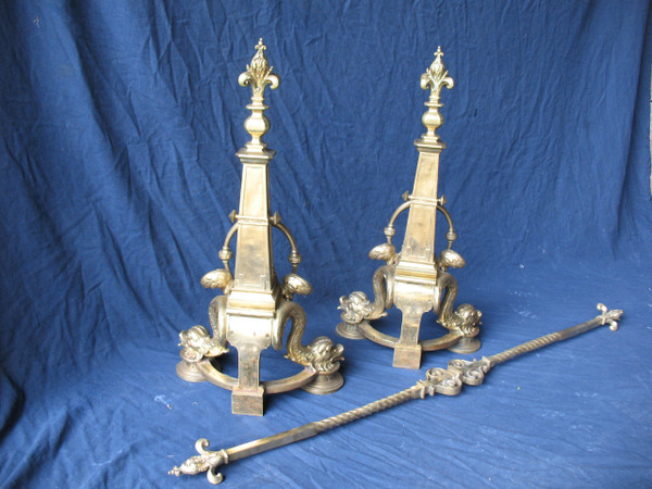 Pair of large andirons andirons in gilded bronze in the Louis XIV style, 19th century