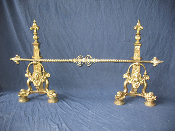 Pair of large andirons andirons in gilded bronze in the Louis XIV style, 19th century