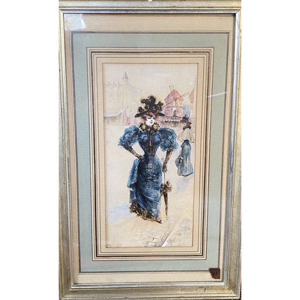 Französische Schule, La Parisienne Au Moulin Rouge, Aquarell um 1900 – monogrammiert